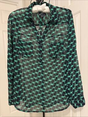 Gap Sheer Geometric Print Blouse Size Large Green Black Roll Tab Career Top